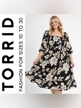 Torrid Black & Cream Floral Challis Puff Sleeves Midi Smocked Dress, Large, NWT!